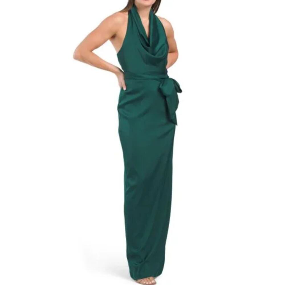 LIV FOSTER Satin Cowl Neckline Column Gown Size 10 Green Tie Waist NWT